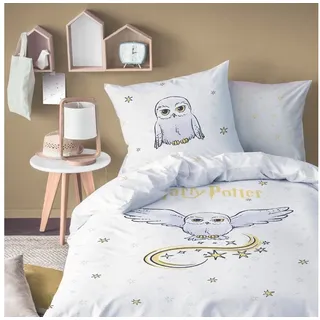 MTOnlinehandel Bettwäsche Harry Potter Eule Hedwig 135x200 + 80x80 cm, 100 % Baumwolle, Renforcé, 2 teilig, Kinderbettwäsche für alle Hogwarts Fans weiß