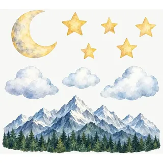 Wandtattoo Kinderzimmer Verschneite Blaue Berge, 10er Set, Berge, Tannenwald, Wolken, Mond, Wandsticker selbstklebend und ablösbar, 150 x 150 cm - Blau/Bunt