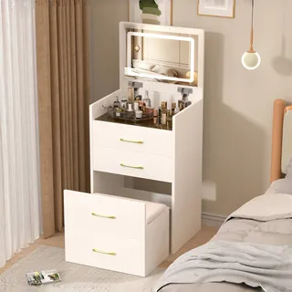 3-in-1 Schminktisch Mit Klappbarem Spiegel, Led, Glasplatte, 4 Schubladen Und Hocker, Kompakte Frisierkommode 60x40x118 Cm, Weiß