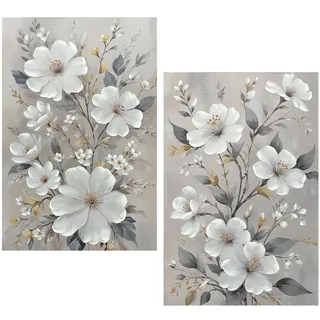 DRW Leinwandbild mit Blumen, handbemalt, in Weiß und Grau, 60 x 3 x 90 cm