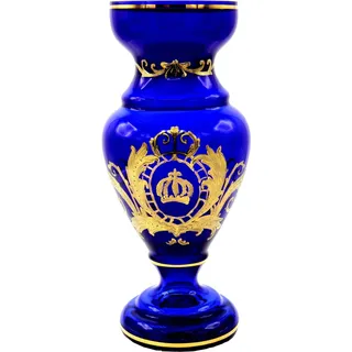 Pompöös by Casa Padrino Luxus Pokal Vase mit 24 Karat Vergoldung Blau / Gold Ø 14 x H. 30,5 cm - Pompööse Blumenvase designed by Harald Glööckler