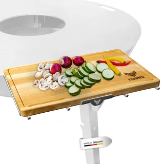 FENNEK Feuerplatte- Universal BBQ Brett- & Besteckhalter inkl. Schneidebrett | Für Feuerplatten Grillplatten 5-15 mm Dicke | Aus Edelstahl & Eiche | Made in Germany