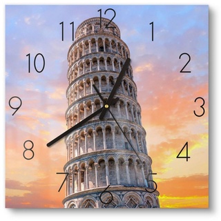 DEQORI Wanduhr 'Der Schiefe Turm von Pisa' (Glas Glasuhr modern Wand Uhr Design Küchenuhr) blau|gelb|orange 30 cm x 30 cm
