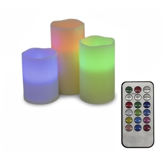 LED multicolor Kerze 3er Set Echtwachs batteriebetrieben mit Fernbedienung D: 7,5cm, H:10, 12,5 und 15cm