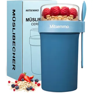 Mitsemmo Müslibecher to Go 760ml+230ml,Joghurtbecher to Go mit Löffel,Müsli Cup to Go Becher,Cornflakes to Go,Müslibecher Müslidose Müslischale Frühstücksdose Müslibox,Joghurt Box to Go Becher (Blau)