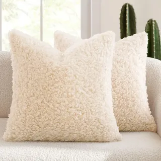 Set Mit 2 Dekorativen Kissenbezügen Aus Kunstfell, 45 X 45 Cm, Hellneutrales Beige, Für Boho-einrichtung, Sofa, Wohnzimmer, Bett