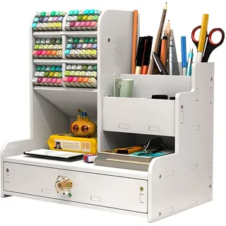 Hggzeg Schreibtisch-Organizer mit Schublade, vielseitig einsetzbar, Stifthalter, für Schreibwaren, Schreibtisch-Aufbewahrungsbox für Zuhause, Büro und Schule, PB17, Weiß