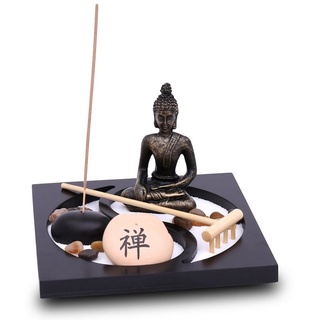 Flanacom Buddhafigur Zen Garten Buddha Figur - Räucherstäbchenhalter (Set, Buddha Statue, 3 Räucherstäbchen, Sand, Harke, Glückssteine), Naturholz Esotherik Set schwarz