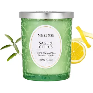 M&SENSE Duftkerze Groß 510g, Salbei Zitrus Duftkerzen im Glas,100h Lang Brennende, Knisternder Docht Kerze, Holzdocht Kerzen, Natürliche Vegane Sojawachs Duftkerzen für Männer und Frauen