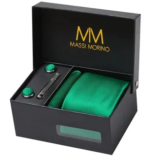 MASSI MORINO Krawatte (1-St) mit Einstecktuch, Manschettenknöpfen und Krawattenklammer grün