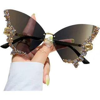 Schmetterlingsbrille für Damen, randlose Sonnenbrille, kleines Gesicht, Diamant-Schmetterling, glitzernde Sonnenbrille, Katzenauge, Diamant-Schmetterling-Sonnenbrille
