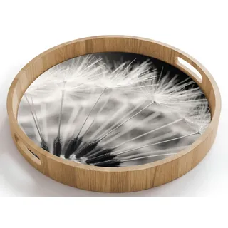 OnlyWow Tablett Rund mit Henkel Pusteblume - Schwarz - Weiß, Eichenholz, (1-tlg), Siervierplatte, Tray, Frühstücksbrett schwarz 40 cm x 40 cm x 5 cm