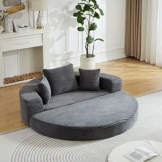 Vielseitiges 2-in-1 Schlafsofa für kompakte Wohnräume, nutzbar als halbrundes Sofa oder rundes Tagesbett, Armlehnen mit Stofftaschen, grau - Grau