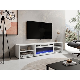 MIRJAN24 TV-Schrank Polo 180 (mit Elektrische Kamin) Realistische LED-Flamme, Gehärtetes Glas, 180x33x39 cm weiß
