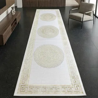 CARPETIA Teppich Wohnzimmer Schlafzimmer Bezaubernde Ornamente Diele Läufer Mäander kurz Orientialisch glänzend Creme Gold 100 x 300 cm