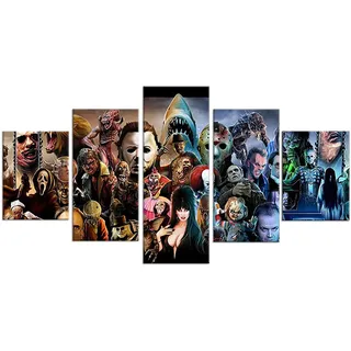 ZHONGYUTONG 5 Stück Horror Movie Wand Poster Klassischer Horror Film Charakter HD Leinwand Kunstdruck Halloween Bild Gemälde (200x100cm, Kein Rahmen)