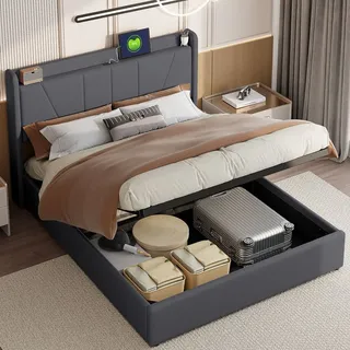 CDGlobal Polsterbett Doppelbett 140x200 cm, Bett mit USB, Bett mit Stauraum Kasten und Schubladen, Stauraumbett mit Lattenrost aus Holz, Hydraulisc... - Grau