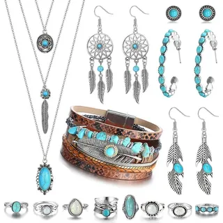 Bohemian Türkis Schmuck Set für Damen mit Halskette Ohrringe Armband Ringe - Türkis