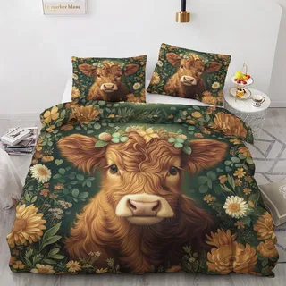 Bettwäsche 135x200 Niedliche Kuh Geblümt Motiv - Bauernhof Tier Bettbezug und 1 Kissenbezug 80x80, Weiche Bügelfreie Mikrofaser Deckenbezug 2er Set mit Reißverschluss, Wendebettwäsche & Deko M&-1741