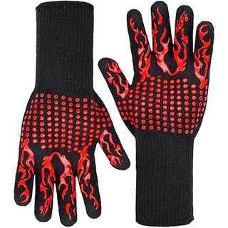 Parthan 2 Paar Grillhandschuhe,Kaminhandschuhe Feuerfest Geeignet für Grills, BBQs, Öfen, Mikrowellenherde, Feuerfeste Handschuhe Isolierung bis zu 800°C, Topfhandschuhe, Durchschnittsgröße(Red Torch)