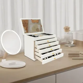 Schmuckkasten, 6 Ebenen Große Schmuckschatulle Mit Schubladen, Griffe, Spiegel Und Deckel, Damen Schmuck Organizers Für Ringe Und Ohrringe, Weiß, 30 X 19 X 25 Cm