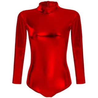 FYMNSI Damen Glänzende Ballettanzug Ballettbody Sport Tanz Body Gymnastikanzug Trikot Langarm Bodysuit Metallic Wetlook Einteiler Turnanzug Leotards Overall Lack Leder Oberteile Tops Kostüm Rot L - L