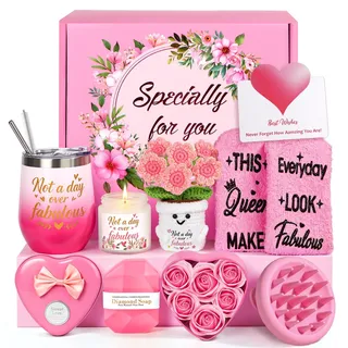 MUJUZE Geschenke für Frauen,Handgestrickte Blumen & Weinbecher Geschenkset | Geburtstagsgeschenke für Frauen,Geschenkideen für Freundin Schwester Freundinnen Mama Kollegin(Not a day over fabulous)