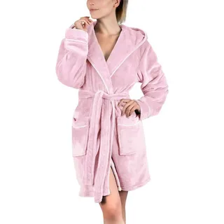 Gräfenstayn Damenbademantel Bademantel Damen flauschig Kapuze Kuschelfleece leicht kurz, warm & kuschelig, Knielang, Fronttaschen, Gürtel, S-XXL rosa S | 90 cm