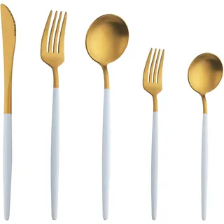 Buyer Star Matte Weißgold Besteck Set, 5 Stück Edelstahl Besteck Set Gold Matt für Haus Küche Restaurant Parteien, Essbesteck Set Mit Gabeln Löffeln Messern Spülmaschinenfest