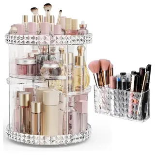 Refined Living Organizer 360° Drehbarer Make-up-Organizer, Schminktisch-Organizer (2er Set: 360° drehbarer Make-up Organizer, Make-up Pinsel Organizer, verstellbarer und multifunktionaler Schminktisch-Organizer, Skincare-Organizer, Badezimmer-Aufbewahrung, Make-up-Regal, Kosmetikständer, mit Slot-Top, Make-up-Regal,Kristall Makeup Pinsel Organizer Becher, mit 3 Fächern, Kosmetik Organizer, 2 St., transparenter Organizer, platzsparend Stabil, langlebig), großer Kapazität,Für weiß