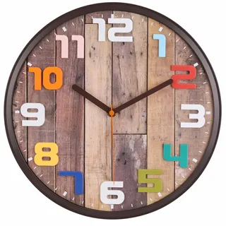 Topkey Wanduhr in Holzoptik, leise, nicht tickend, bunt, dekorative runde Uhr für Wohnzimmer, Schlafzimmer und Büro, Batterie nicht im Lieferumfang enthalten
