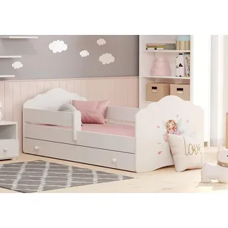 Kids Collective Kinderbett 70x140 cm mit Matratze und Schublade, Lattenrost & Rausfallschutz Bett für Kinder Bett Bed Rausfallschutz Kinderbett Einzelbet... - weiß mit Prinzessin Motiv