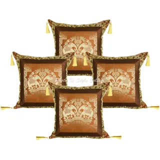 Stylo Culture Ethnisch Dekorativ Brokat Seide Couch Kissenbezüge 45x45 cm Kaffeebraun Dekokissen Jacquard Quasten Schlafzimmer Sofa Kissen Bezüge Elefant Quadrat Reißverschluss Kissenhullen - 4 STK.