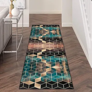 LIHY Teppich Läufer Flur rutschfest Meterware 80×250cm, Geometrisch Schwarz Gold Grün Diamantgitter Küchenläufer Flurläufer Lang Polyester Teppichläufer, für Korridor Schlafzimmer Wohnzimmer