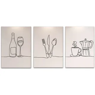 ZHONGYUTONG Küche minimalistische Strichzeichnungen Wanddekoration 3-teiliges Geschirr Wein Kaffee Leinwand Kunstdruck Schwarz Weiß Bild Poster für Esszimmer Büro (28x35cm Kein Rahmen)