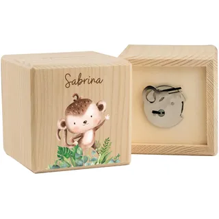 LARIFEE Spardose personalisiert mit Name AFFE – Kinderspardose aus Holz mit Schloss & Schlüssel – Würfelförmige Holzspardose – Geschenk Geburt, Taufe & Geburtstag
