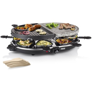 PRINCESS Raclette, 8 Raclettepfännchen, 1200 W, Gerät 2-8 Personen ovaler Tischgrill Grill & Steinplatte Steingrill schwarz