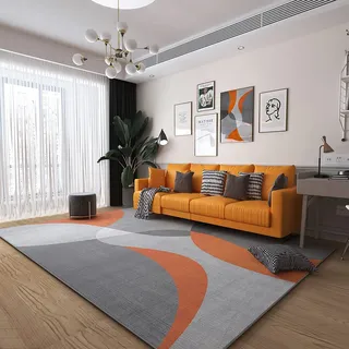Gaming Teppich Orange Grau Geometrisches Design - Waschbarer Wohnzimmer Sofa Teppich 160x200cm