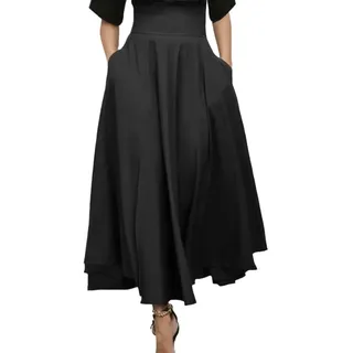 EMOTTOS Damen Rock Lang, Schleife Taille Knoten Rüschenrock High Waist Langer Rock, Hohe Qualität Lässig Zwei Seitentaschen A Linien Fließender Rock mit Taschen, L, Schwarz - L
