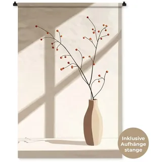 MuchoWow Wandteppich Vase - Äste - Beeren - Minimalistisch, Rechteckig, Höhe: 3 mm, Wandtuch Wohnzimmer, Schlafzimmer, 90x135 cm Rechteckig | 90 cm x 135 cm x 3 mm