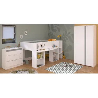 Parisot Jugendzimmer-Set Pirouette, (Komplett mit Hochbett (90x200), Kommode und Kleiderschrank), kein extra Lattenrost erforderlich weiß