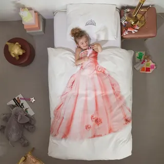 Snurk Bettwäscheset mit Bettbezug und Kissenbezügen mit PrinzessinnenDruck, Rosa, hohe Definition, 100 % Perkal aus hochwertiger Baumwolle, für Kinder und Mädchen, Farbe Weiß, Größe für Einzelbett