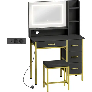 HOMCOM Schminktisch mit Spiegel und LED-Licht, Ladestation, Schminktisch mit Hocker, 3 Lichtfarben, Ladestation, 4 Stoffschubladen, Ablagen, für Schlafzimmer, Schwarz   Aosom