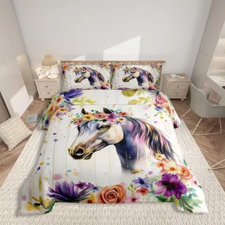 Homewish Pferd Bettwäsche 135x200 Kinder Mädchen, Wildtier Bedruckt Bettbezug Niedlich für Teenager, Ästhetische Blumen Bett Set, mit 1 Kissenbezug Holzbrett Dekor, Weiche Mikrofaser