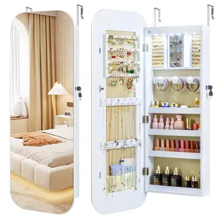 EDIMENS Jewellery Cabinet Hanging Door Mirror LED, abschließbarer Schmuckschrank mit Ganzkörperspiegel zur Wand- und Türmontage, LED Beleuchtung, Holz Weiß, großer Stauraum für Schmuck & Make-up