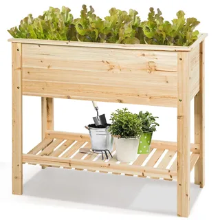 COSTWAY Hochbeet mit Ablage, Pflanzkübel Holz Pflanzkasten Blumenbeet Kräuterbeet Pflanztrog, Pflanzbeet groß Anzuchtbeet im Garten Balkon (92 x 41 x 81 cm)
