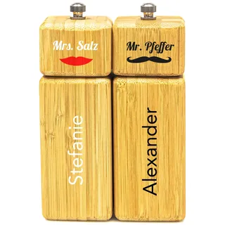 Geschenke 24 Gewürzmühlenset aus Bambus mit Personalisierung I Handmühlen I Mrs. Salz und Mr. Pfeffer I romantische Geschenkidee oder Tischdekoration zur Hochzeit