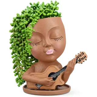 Dekorativer Blumentopf Mit Menschlichem Gesicht, Ziervase Aus Kunstharz, Guitarron Mini (dunkelbraun)