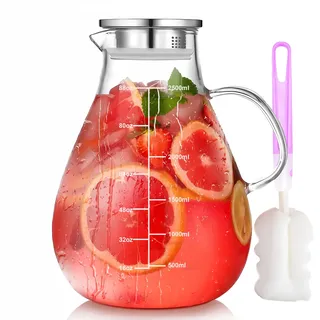 NEEMOSI Karaffe Glas mit Deckel, 2500ML Hitzebeständige Hochborosilikat Glaskaraffe mit Siebeinsatz, Wasserkrug mit Reinigungsbürste für Hausgemachte Getränke/Eistee/Milch/Kaffee/Wein/Heißtee/Wein