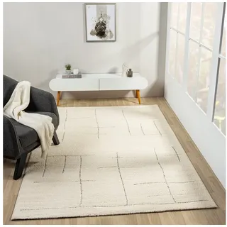 Vimoda Teppich Boho und skandinavischen Stil, Creme & Grau, Rechteckig, Höhe: 10 mm, Läufer kurzflor Eckig, Wohnzimmer, Schlafzimmer, Flur weiß 200 cm x 290 cm x 10 mm